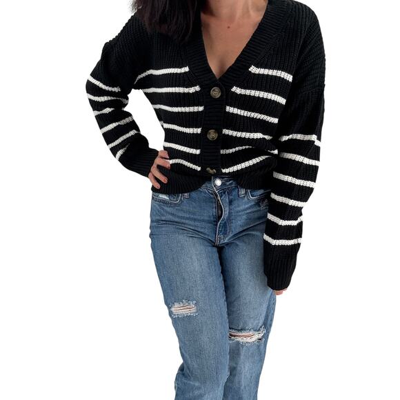 SANCTUARY Sweater Size S Kelly Stripe Cardigan Black White NEW Classic - Picture 1 of 7